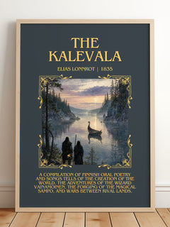 The Kalevala Minimalist Book Poster by Elias Lönnrot – framed print leaning on a wooden floor