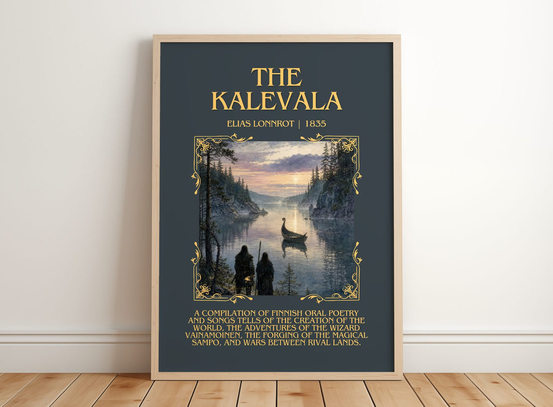 The Kalevala Minimalist Book Poster by Elias Lönnrot – framed print leaning on a wooden floor