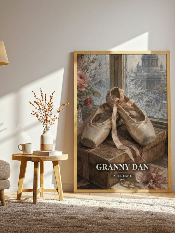 Granny Dan watercolour print in frame leaning in hallway – historical fiction wall art
