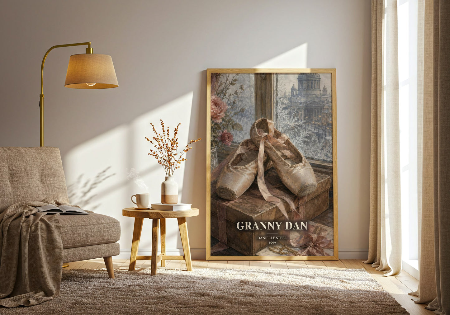 Granny Dan watercolour print in frame leaning in hallway – historical fiction wall art