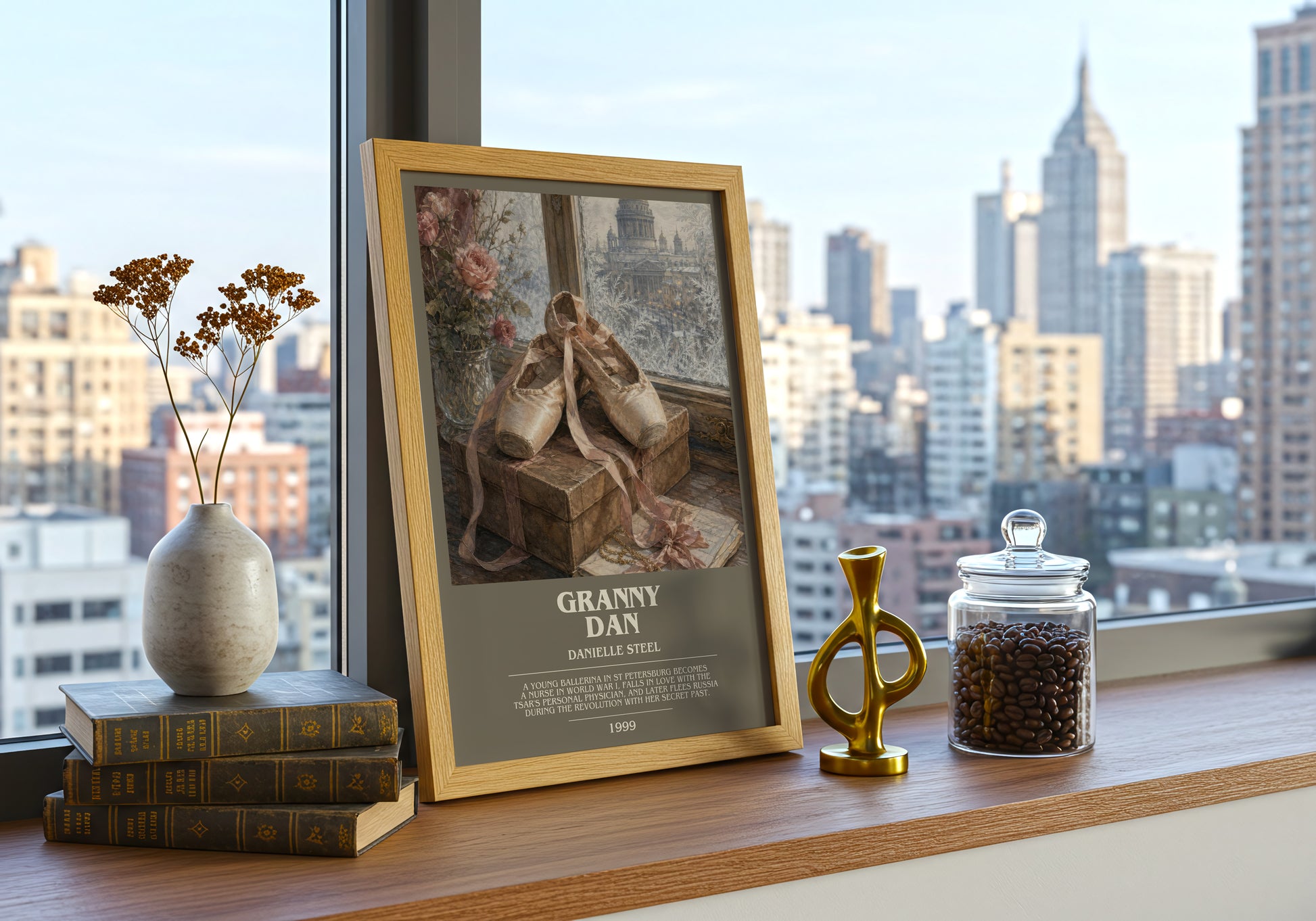 Granny Dan bookish print framed by window – literary home decor