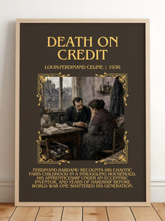 Death on Credit Minimalist Book Poster by Louis-Ferdinand Céline – framed print leaning on a wooden floor