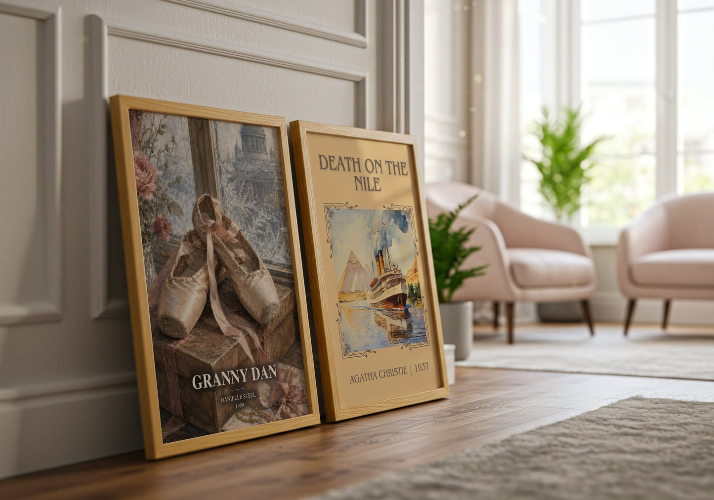 Granny Dan watercolour print framed by window – literary home decor