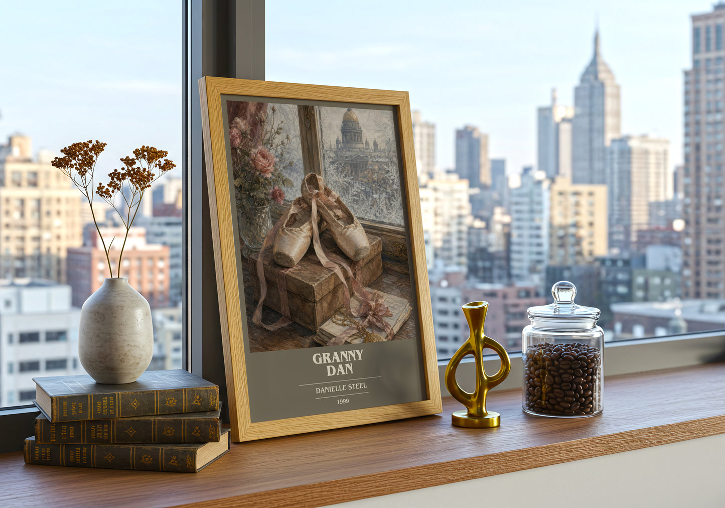 Granny Dan book cover print framed by window – literary home decor