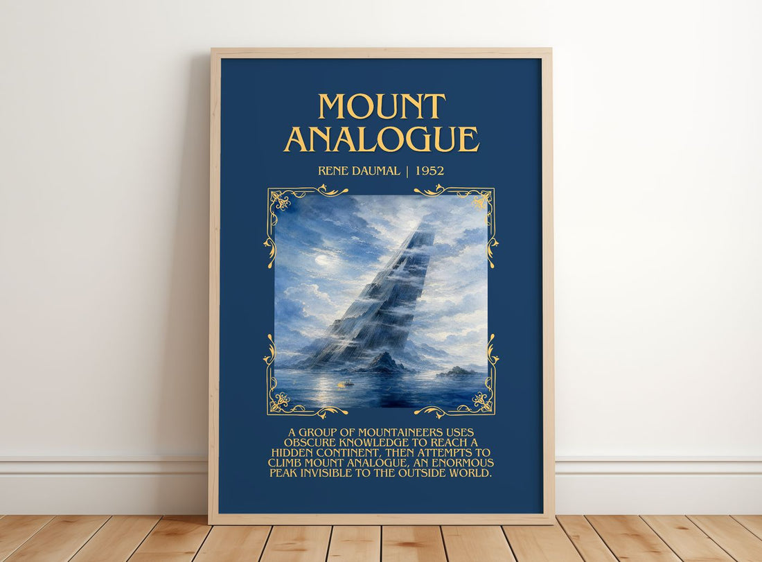 Mount Analogue Minimalist Book Poster by René Daumal – framed print leaning on a wooden floor