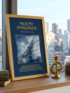 Mount Analogue Minimalist Book Poster by René Daumal – framed print on a city-view windowsill