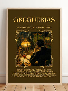 Greguerias Minimalist Book Poster by Ramón Gómez de la Serna – framed print leaning on a wooden floor