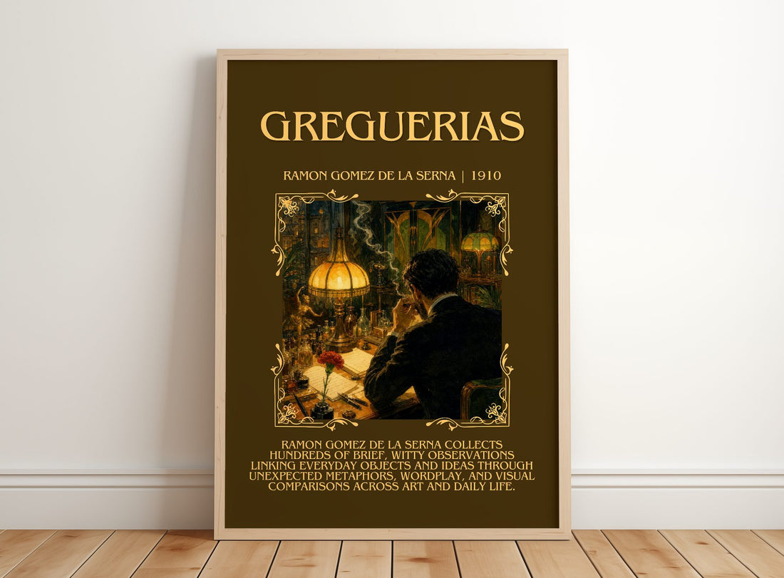 Greguerias Minimalist Book Poster by Ramón Gómez de la Serna – framed print leaning on a wooden floor