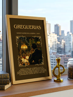 Greguerias Minimalist Book Poster by Ramón Gómez de la Serna – framed print on a city-view windowsill