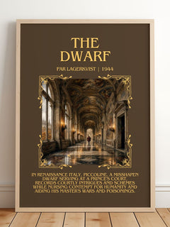 The Dwarf Minimalist Book Poster by Par Lagerkvist – framed print leaning on a wooden floor