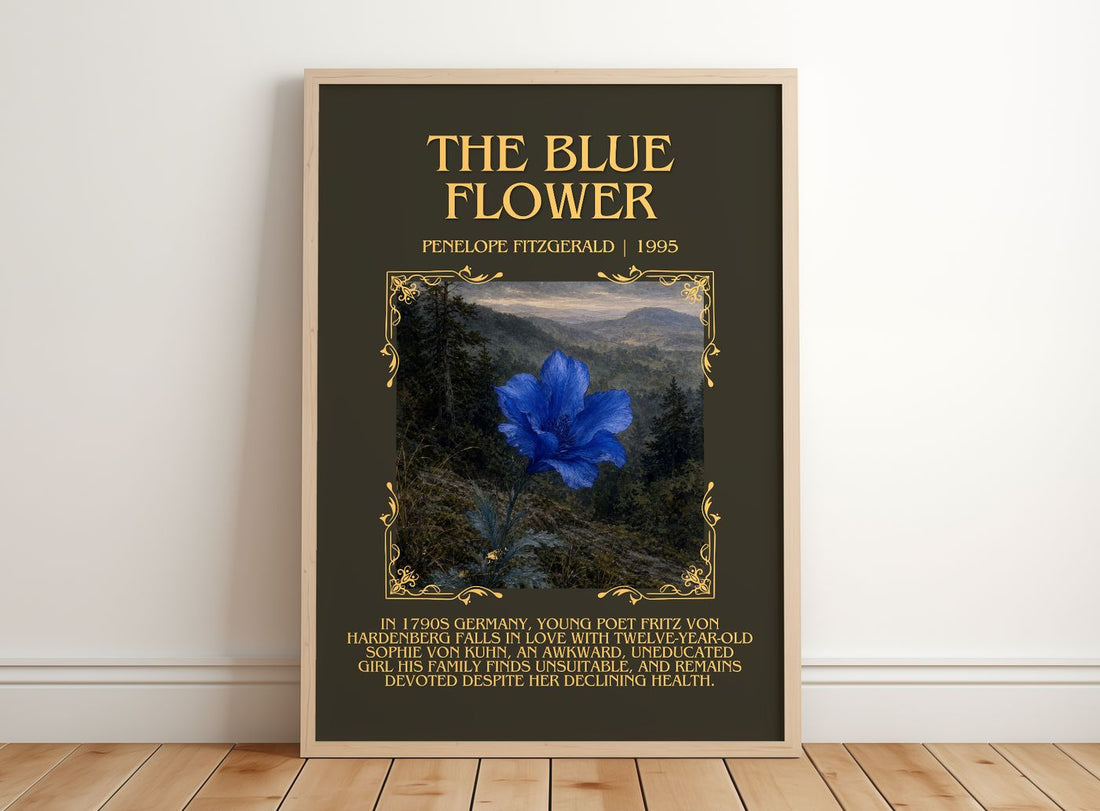 The Blue Flower Minimalist Book Poster by Penelope Fitzgerald – framed print leaning on a wooden floor