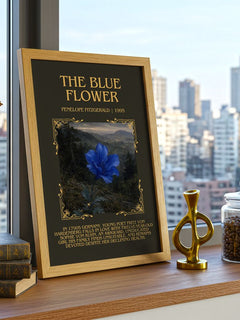 The Blue Flower Minimalist Book Poster by Penelope Fitzgerald – framed print on a city-view windowsill