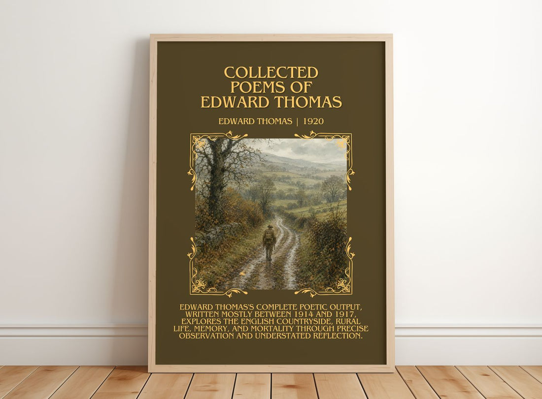 Collected Poems Of Edward Thomas Minimalist Book Poster by E. Thomas – framed print leaning on a wooden floor