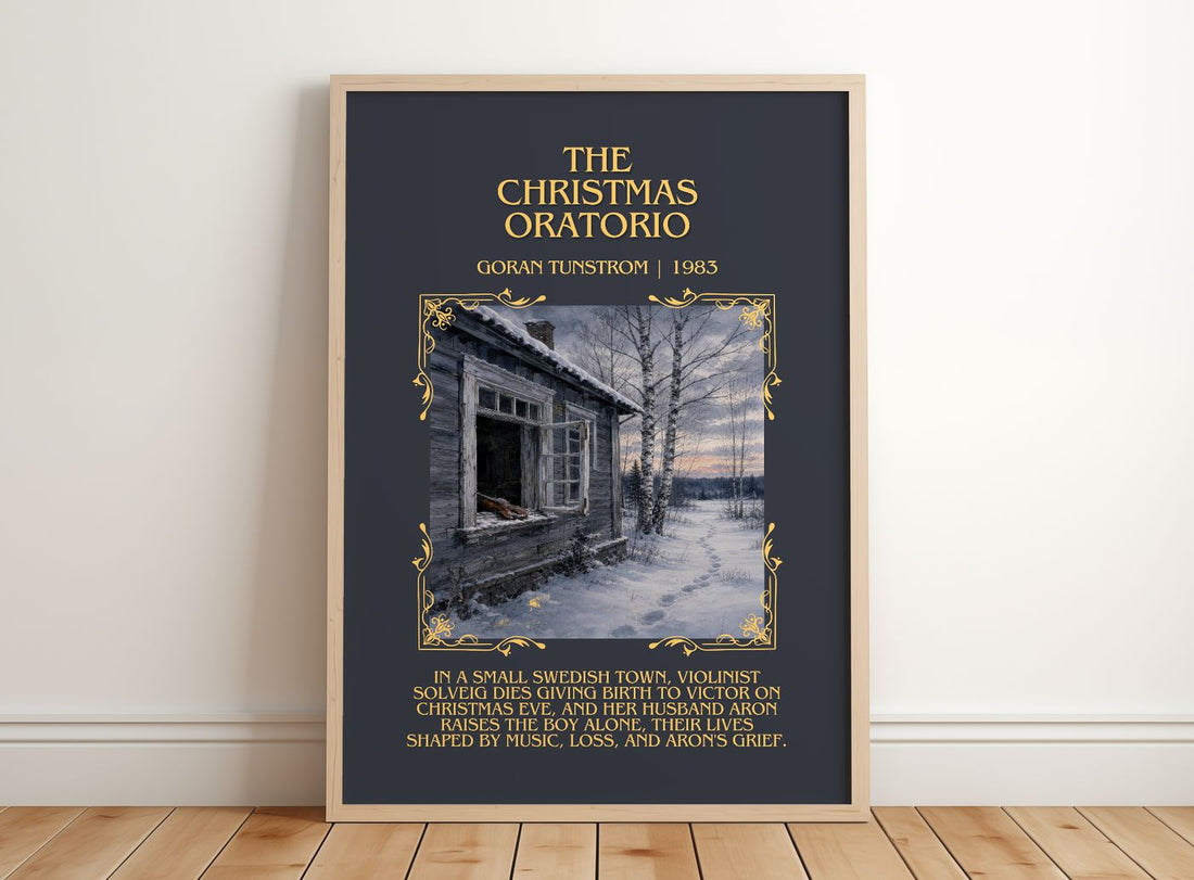 The Christmas Oratorio Minimalist Book Poster by Göran Tunström – framed print leaning on a wooden floor