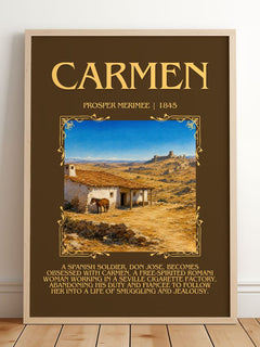Carmen Minimalist Book Poster by Prosper Mérimée – framed print leaning on a wooden floor