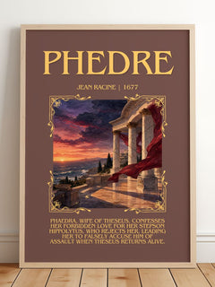 Phèdre Minimalist Book Poster by Jean Racine – framed print leaning on a wooden floor