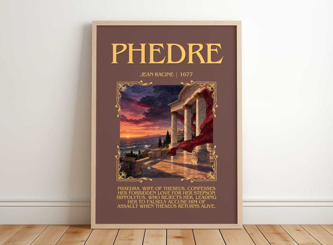 Phèdre Minimalist Book Poster by Jean Racine – framed print leaning on a wooden floor