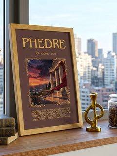 Phèdre Minimalist Book Poster by Jean Racine – framed print on a city-view windowsill