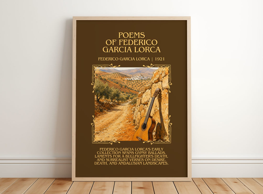 Poems of Federico García Lorca Minimalist Book Poster by F. Lorca – framed print leaning on a wooden floor