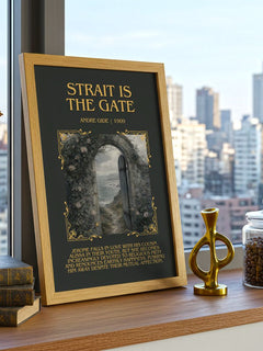 Strait is the Gate Minimalist Book Poster by André Gide – framed print on a city-view windowsill