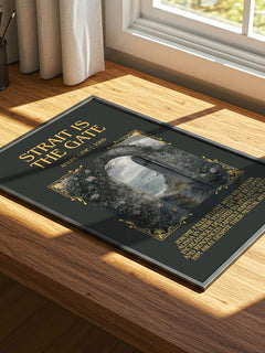 Strait is the Gate Minimalist Book Poster by André Gide – print on a sunlit desk