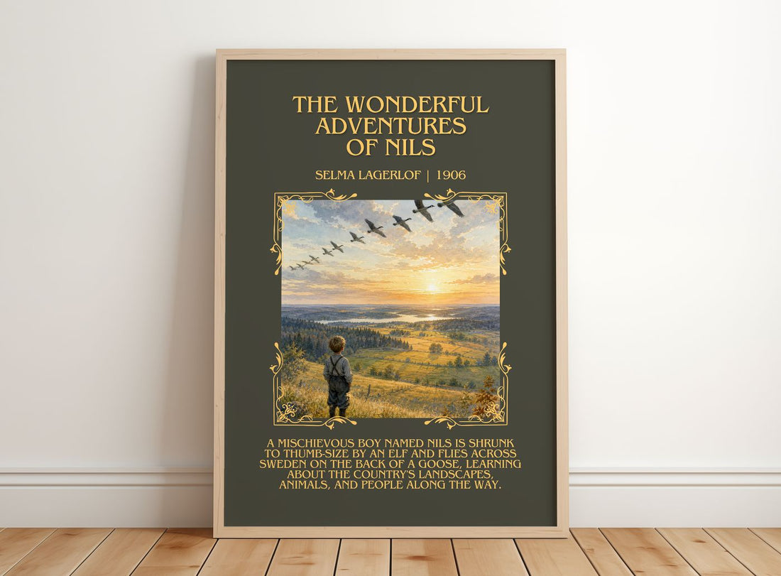 Wonderful Adventures of Nils Minimalist Book Poster by Selma Lagerlöf – framed print leaning on a wooden floor