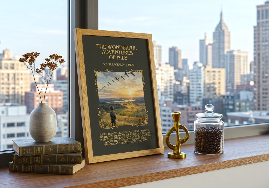 Wonderful Adventures of Nils Minimalist Book Poster by Selma Lagerlöf – framed print on a city-view windowsill