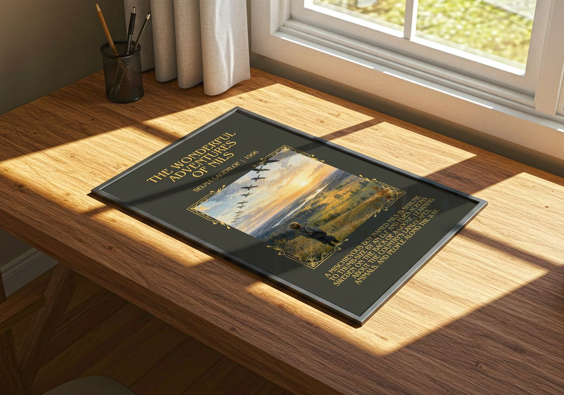 Wonderful Adventures of Nils Minimalist Book Poster by Selma Lagerlöf – print on a sunlit desk
