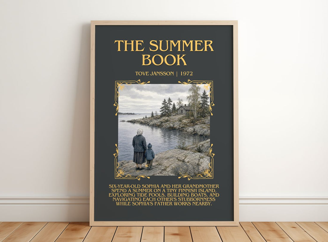 The Summer Book Minimalist Book Poster by Tove Jansson – framed print leaning on a wooden floor
