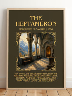 The Heptameron Minimalist Book Poster by Marguerite de Navarre – framed print leaning on a wooden floor