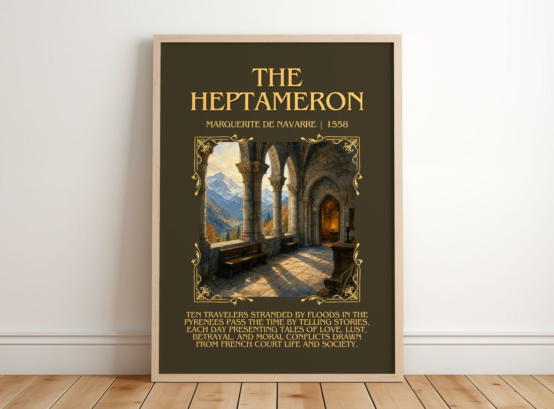 The Heptameron Minimalist Book Poster by Marguerite de Navarre – framed print leaning on a wooden floor