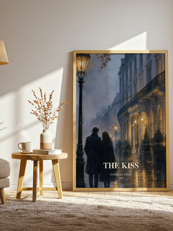 The Kiss watercolour print in frame leaning in hallway – romance wall art
