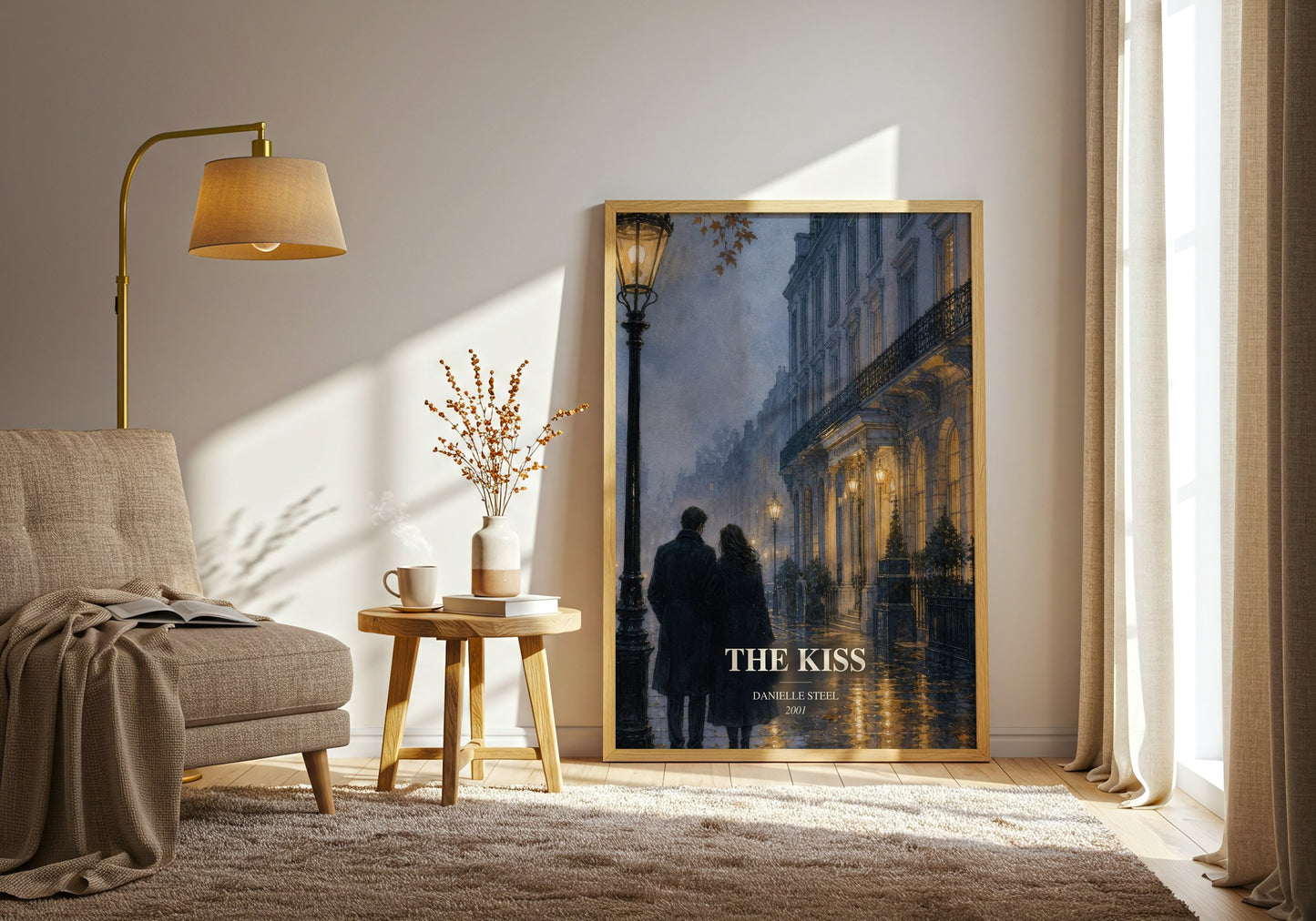 The Kiss watercolour print in frame leaning in hallway – romance wall art