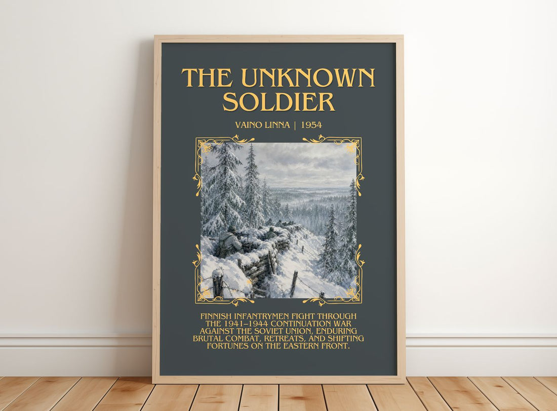 The Unknown Soldier Minimalist Book Poster by Väinö Linna – framed print leaning on a wooden floor