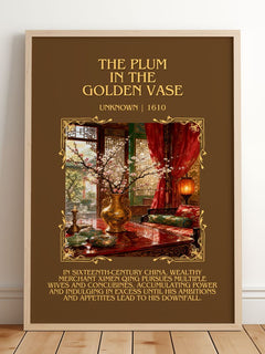 The Plum in the Golden Vase Minimalist Book Poster by Unknown – framed print leaning on a wooden floor