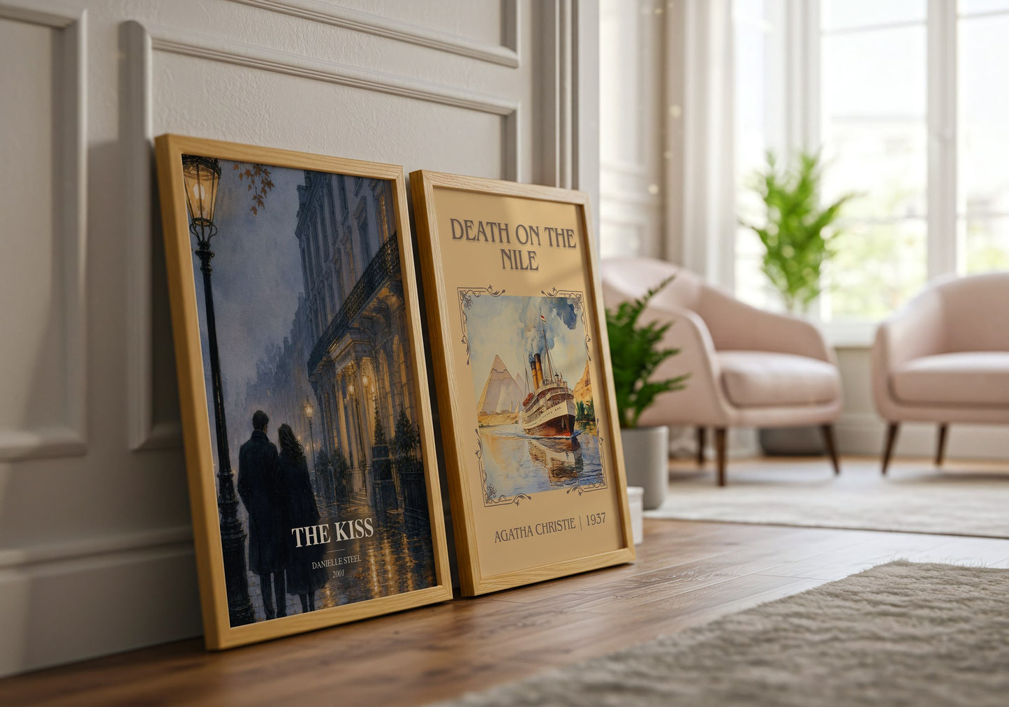 The Kiss watercolour print framed by window – literary home decor
