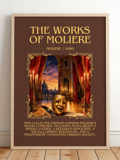 The Works of Moliere Minimalist Book Poster by Molière – framed print leaning on a wooden floor
