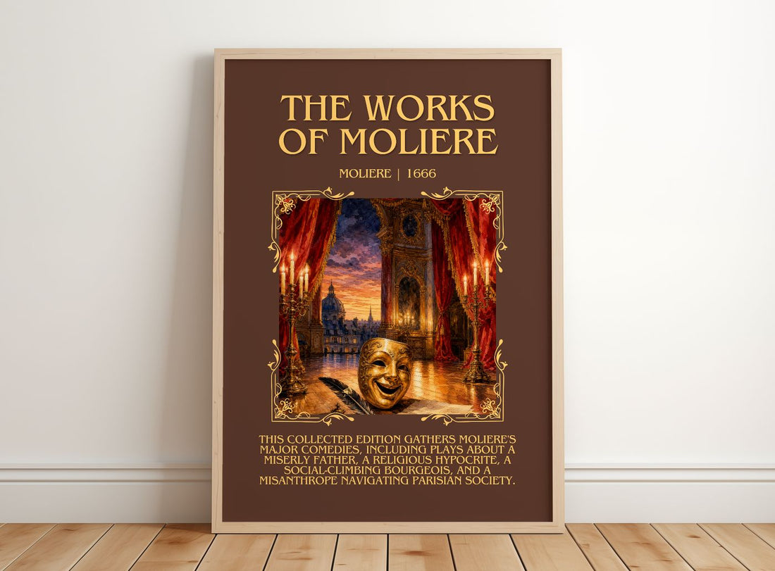 The Works of Moliere Minimalist Book Poster by Molière – framed print leaning on a wooden floor