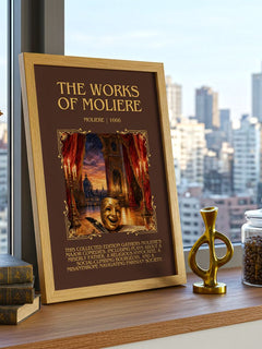 The Works of Moliere Minimalist Book Poster by Molière – framed print on a city-view windowsill