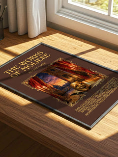 The Works of Moliere Minimalist Book Poster by Molière – print on a sunlit desk