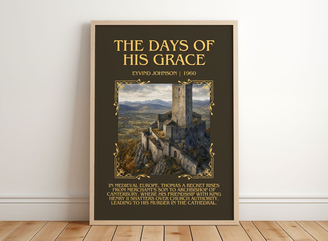 The Days of His Grace Minimalist Book Poster by Eyvind Johnson – framed print leaning on a wooden floor