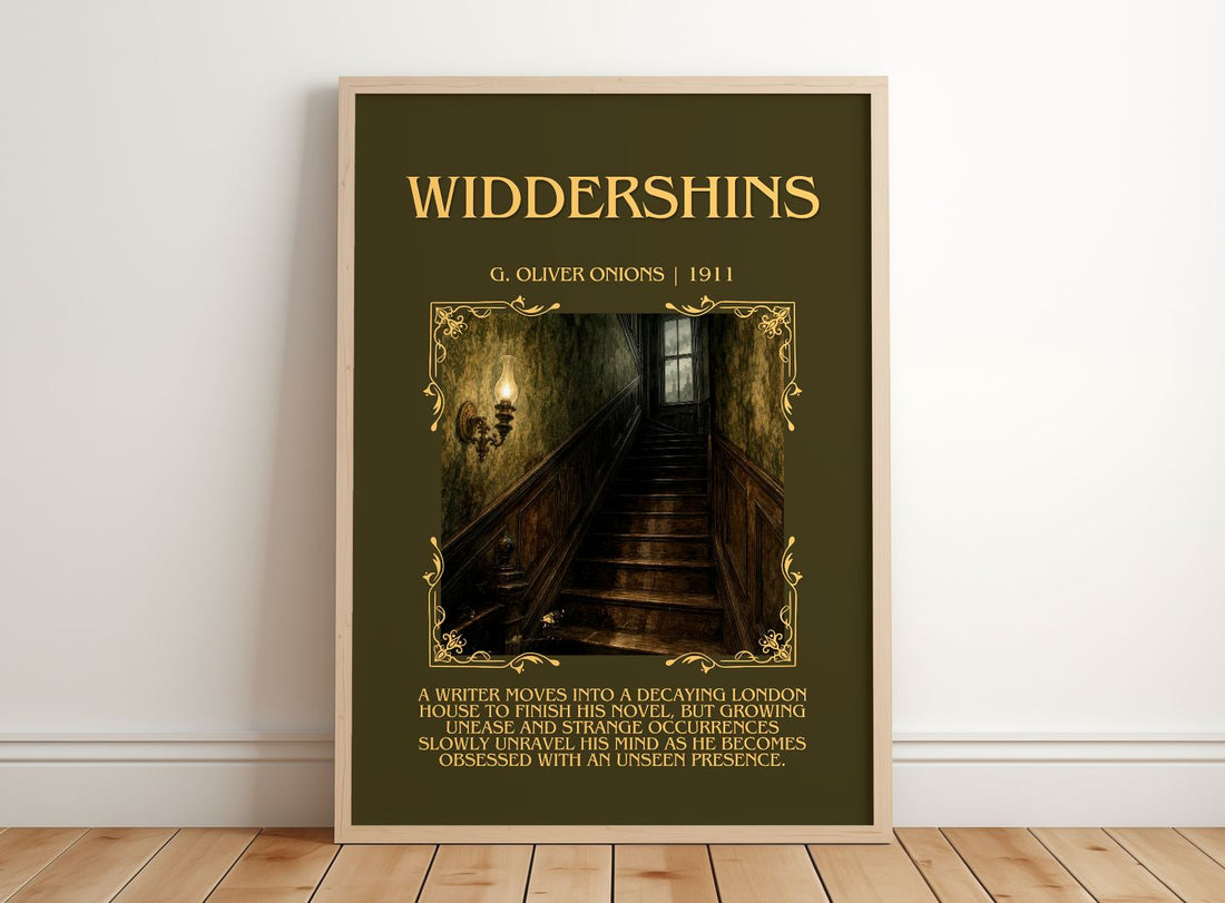 Widdershins Minimalist Book Poster by G. Oliver Onions – framed print leaning on a wooden floor