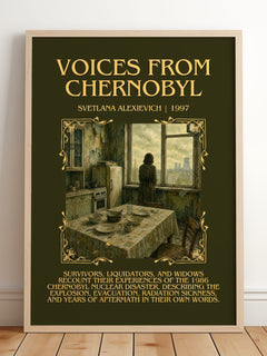 Voices from Chernobyl Minimalist Book Poster by Svetlana Alexievich – framed print leaning on a wooden floor