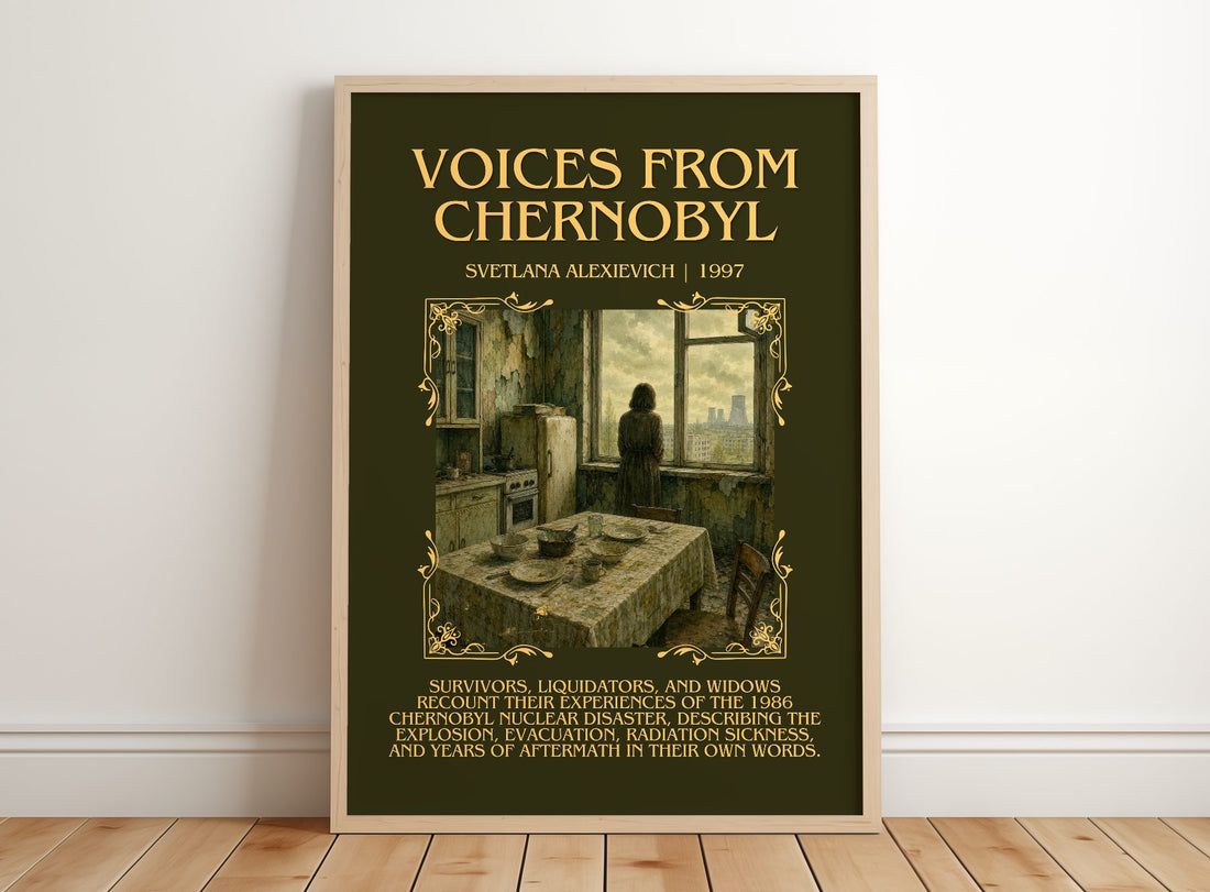 Voices from Chernobyl Minimalist Book Poster by Svetlana Alexievich – framed print leaning on a wooden floor