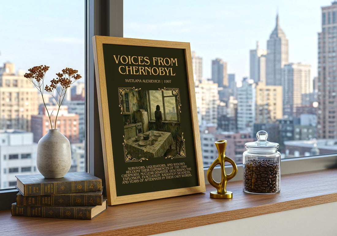 Voices from Chernobyl Minimalist Book Poster by Svetlana Alexievich – framed print on a city-view windowsill