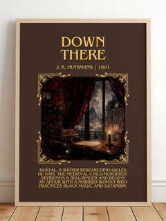 Down There Minimalist Book Poster by J. K. Huysmans – framed print leaning on a wooden floor