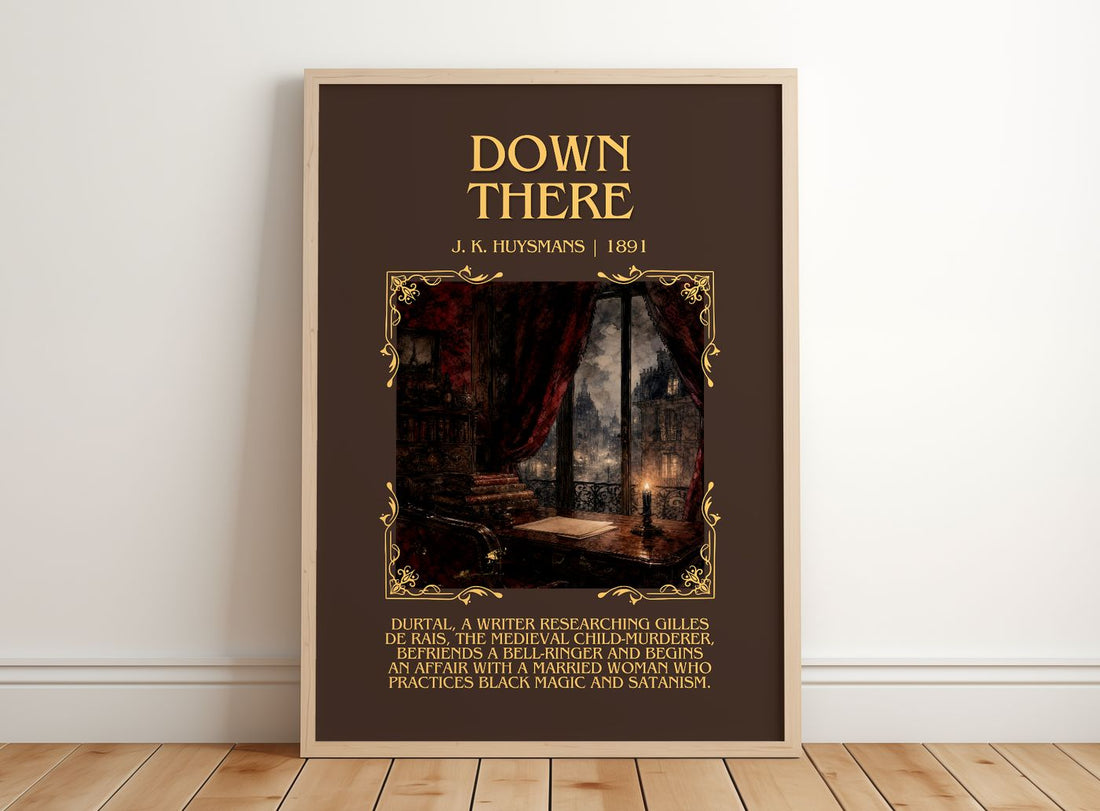 Down There Minimalist Book Poster by J. K. Huysmans – framed print leaning on a wooden floor