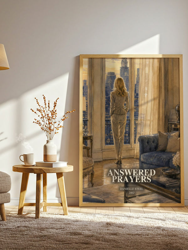 Answered Prayers watercolour print in frame leaning in hallway – contemporary fiction wall art
