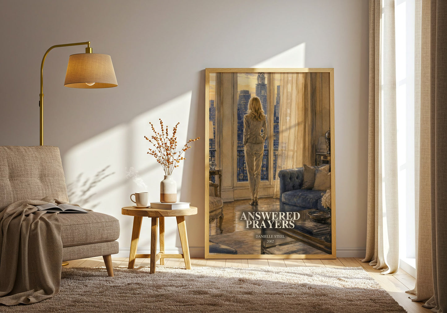 Answered Prayers watercolour print in frame leaning in hallway – contemporary fiction wall art