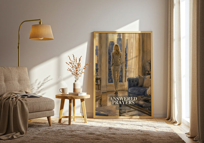 Answered Prayers watercolour print in frame leaning in hallway – contemporary fiction wall art